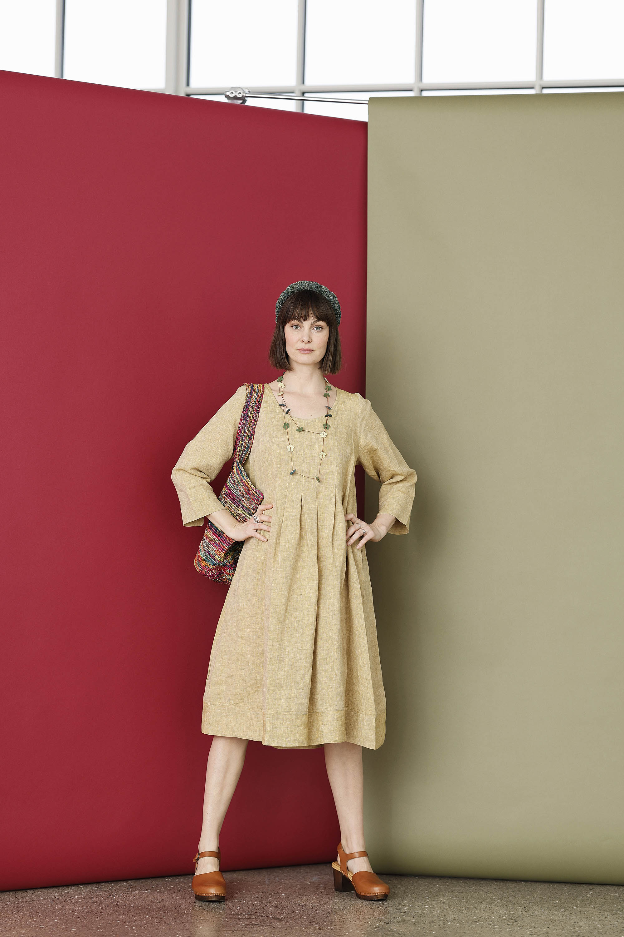 Pale yellow linen dress with pleats