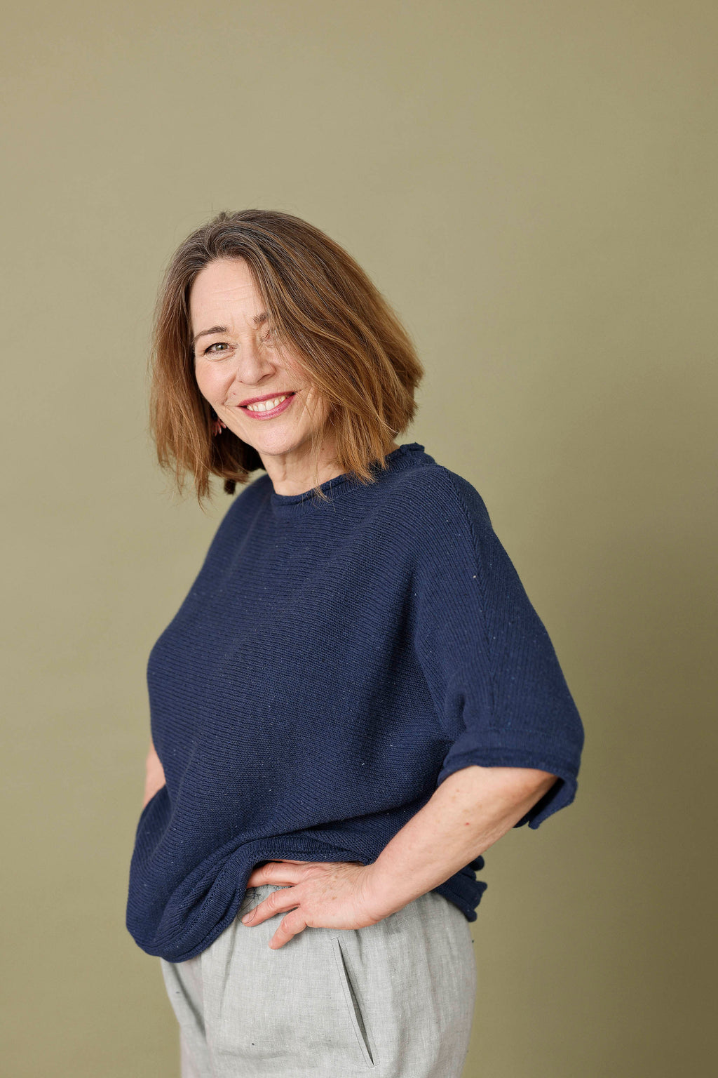 Light blue linen trousers with elastic waistband