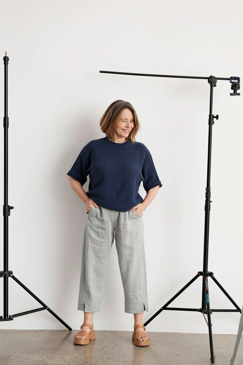 Light blue linen trousers with elastic waistband