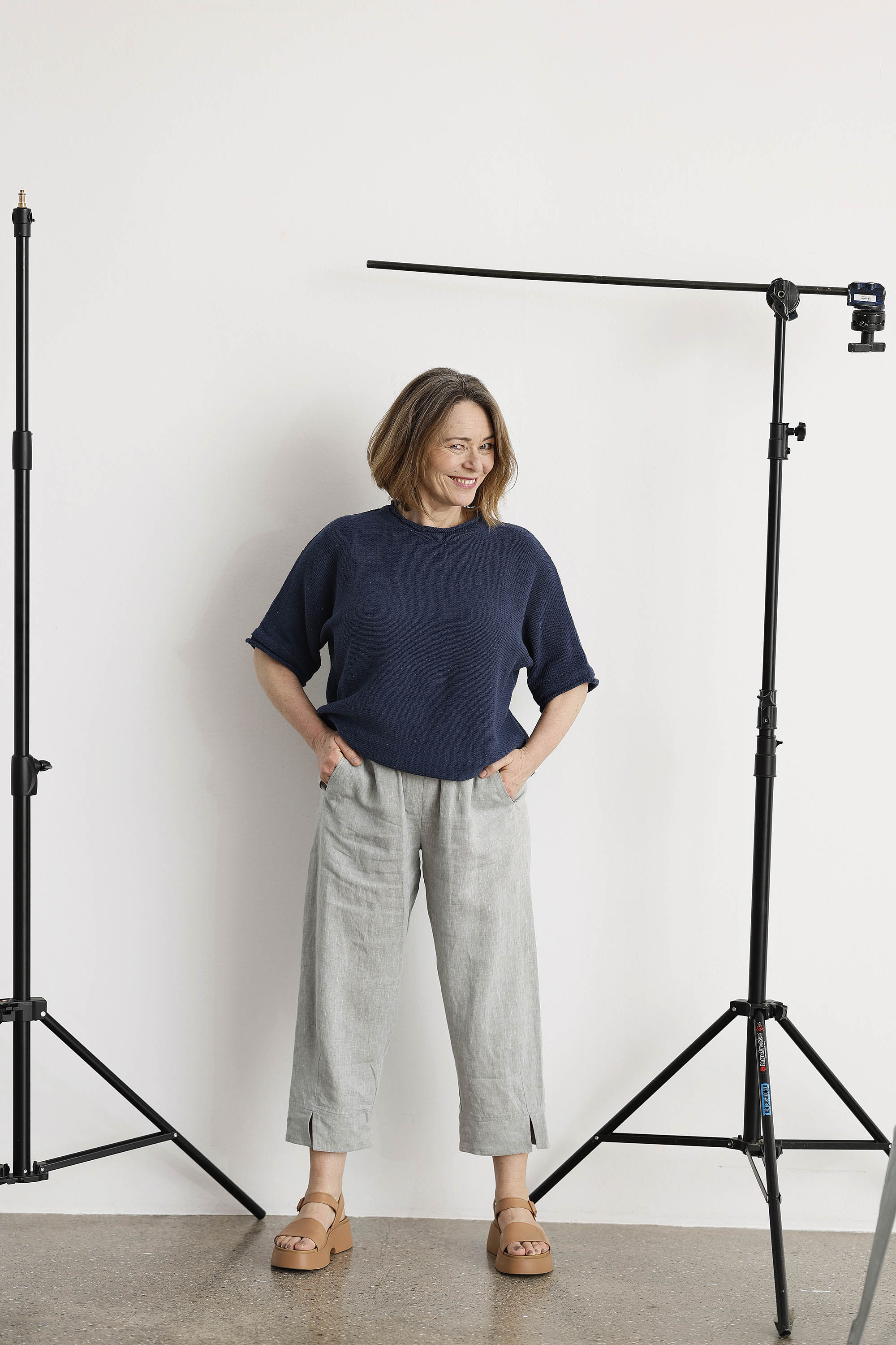 Light blue linen trousers with elastic waistband