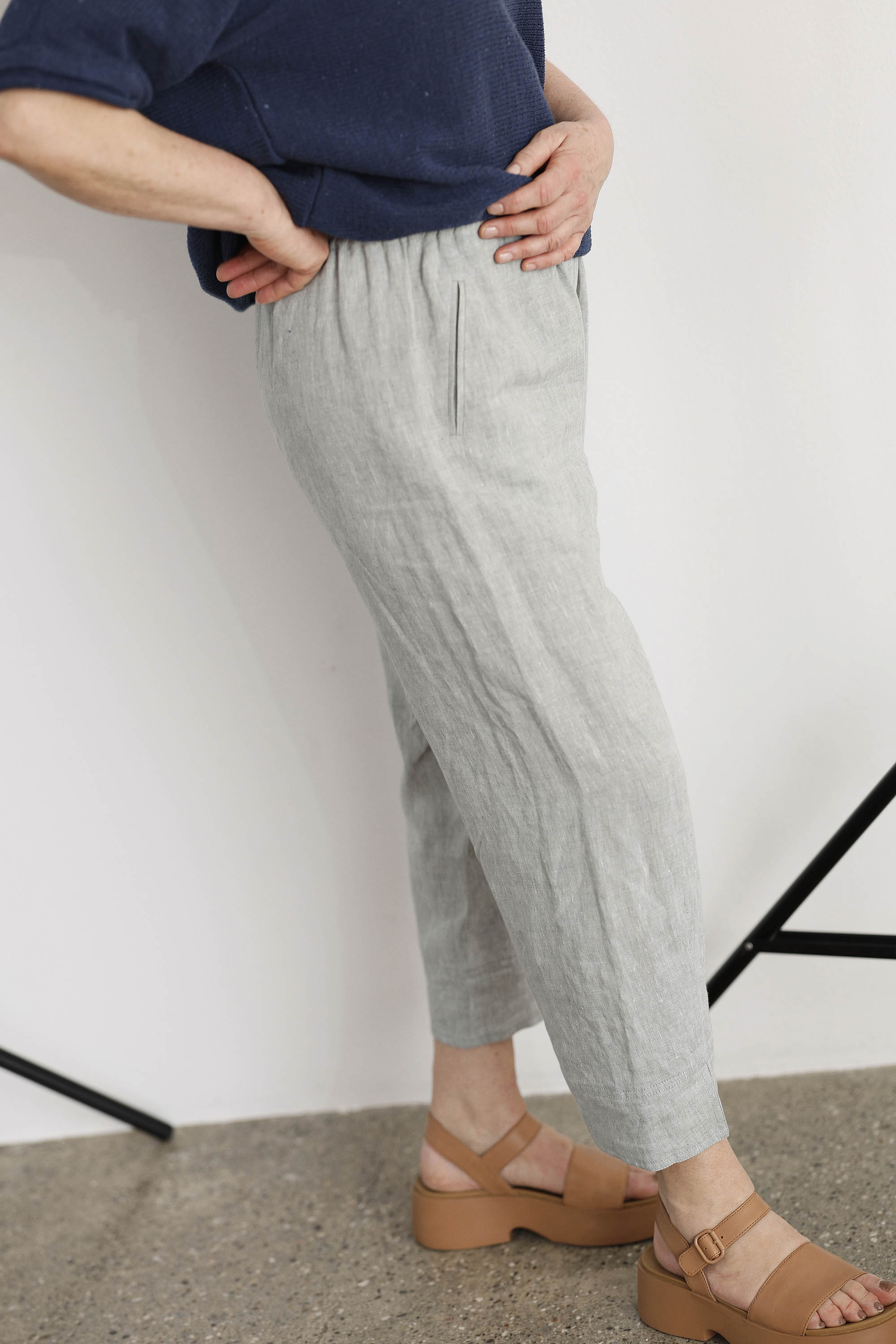Light blue linen trousers with elastic waistband