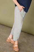 Light blue linen trousers with elastic waistband