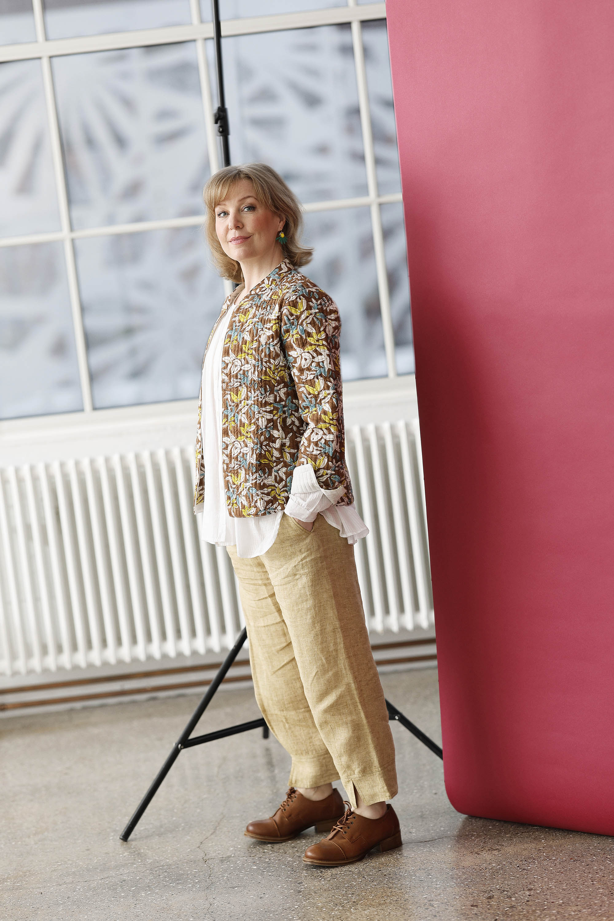 Pale yellow linen trousers with elastic waistband