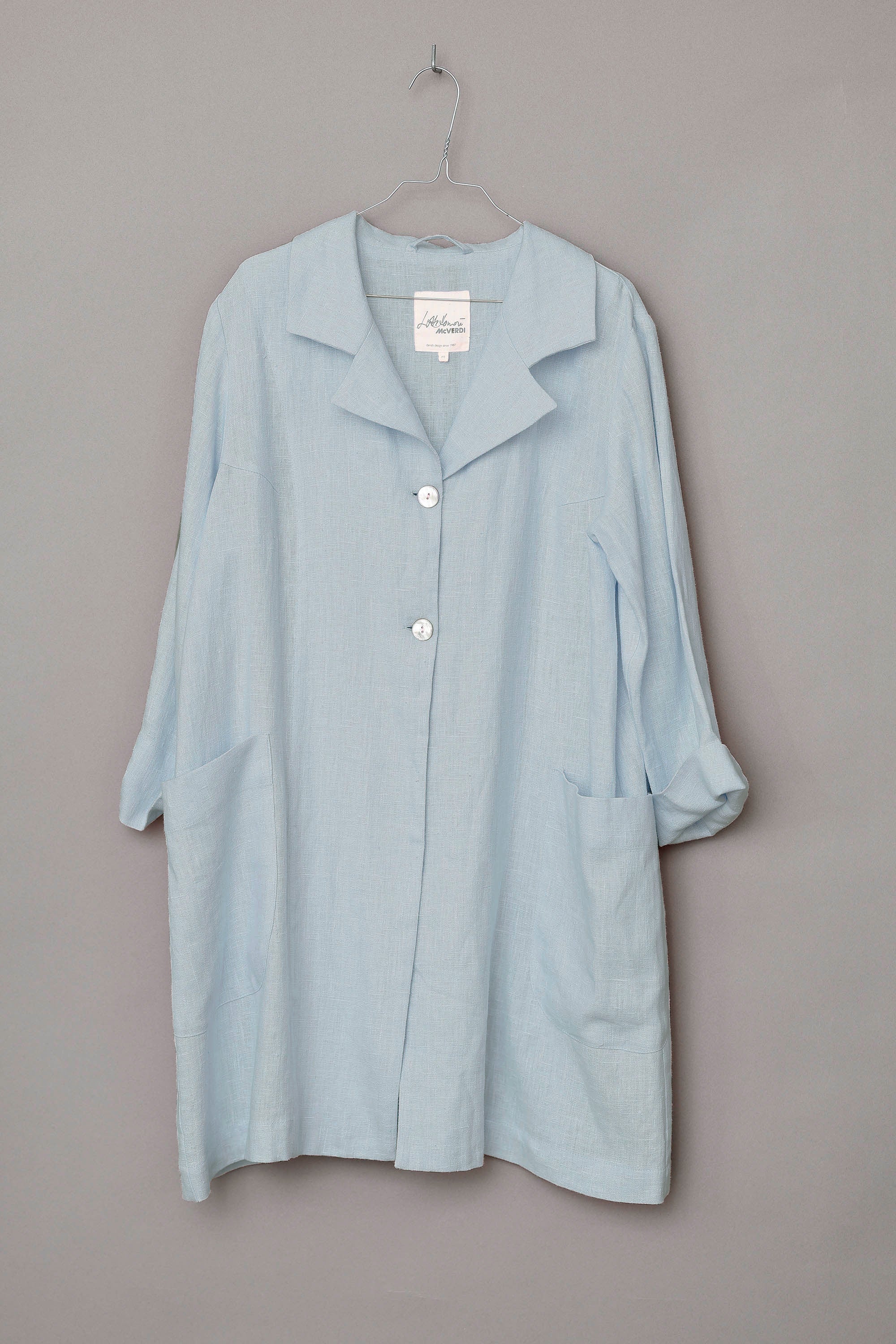 Long light blue jacket in heavy linen