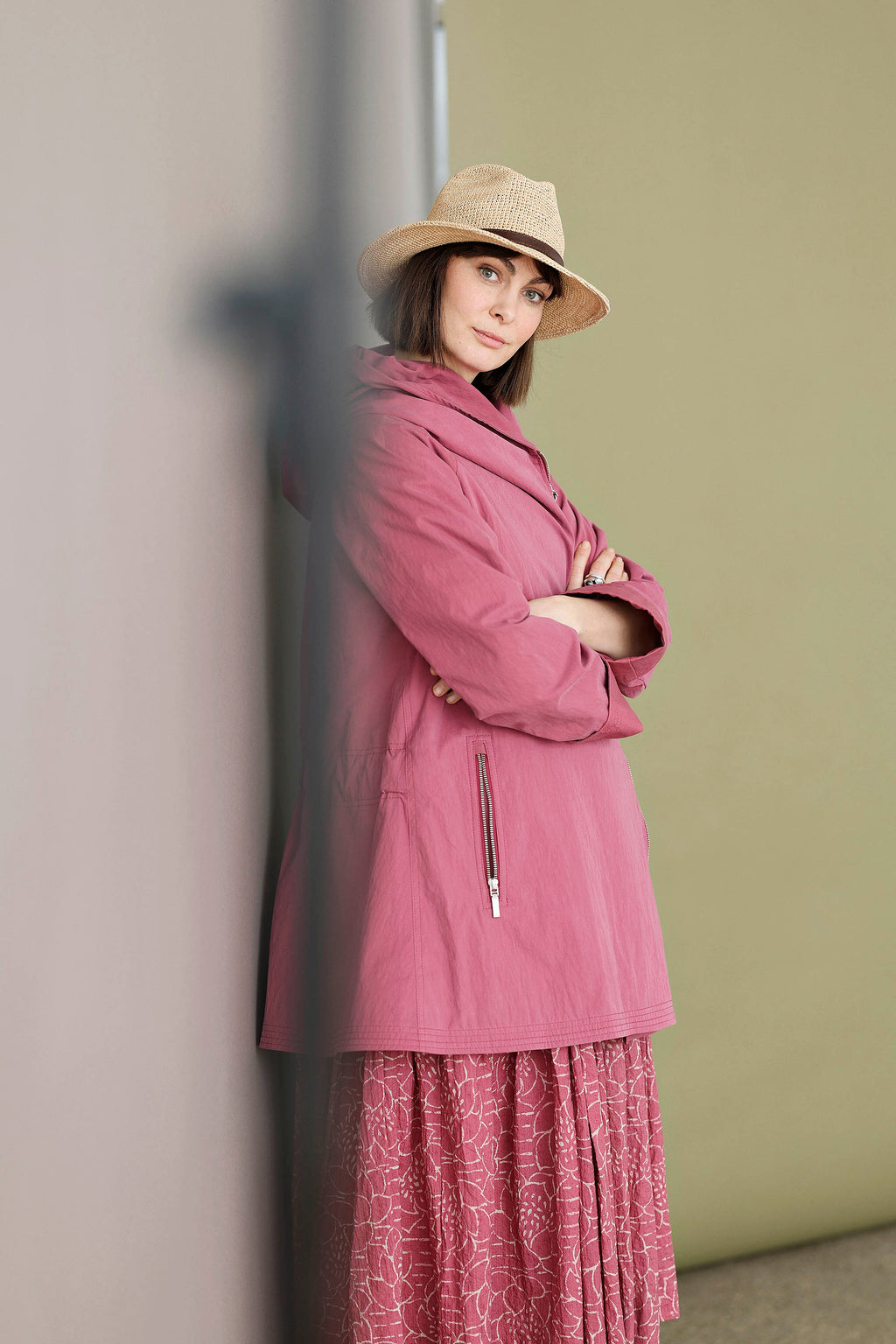 Raspberry jacket with asymmetrical zipper