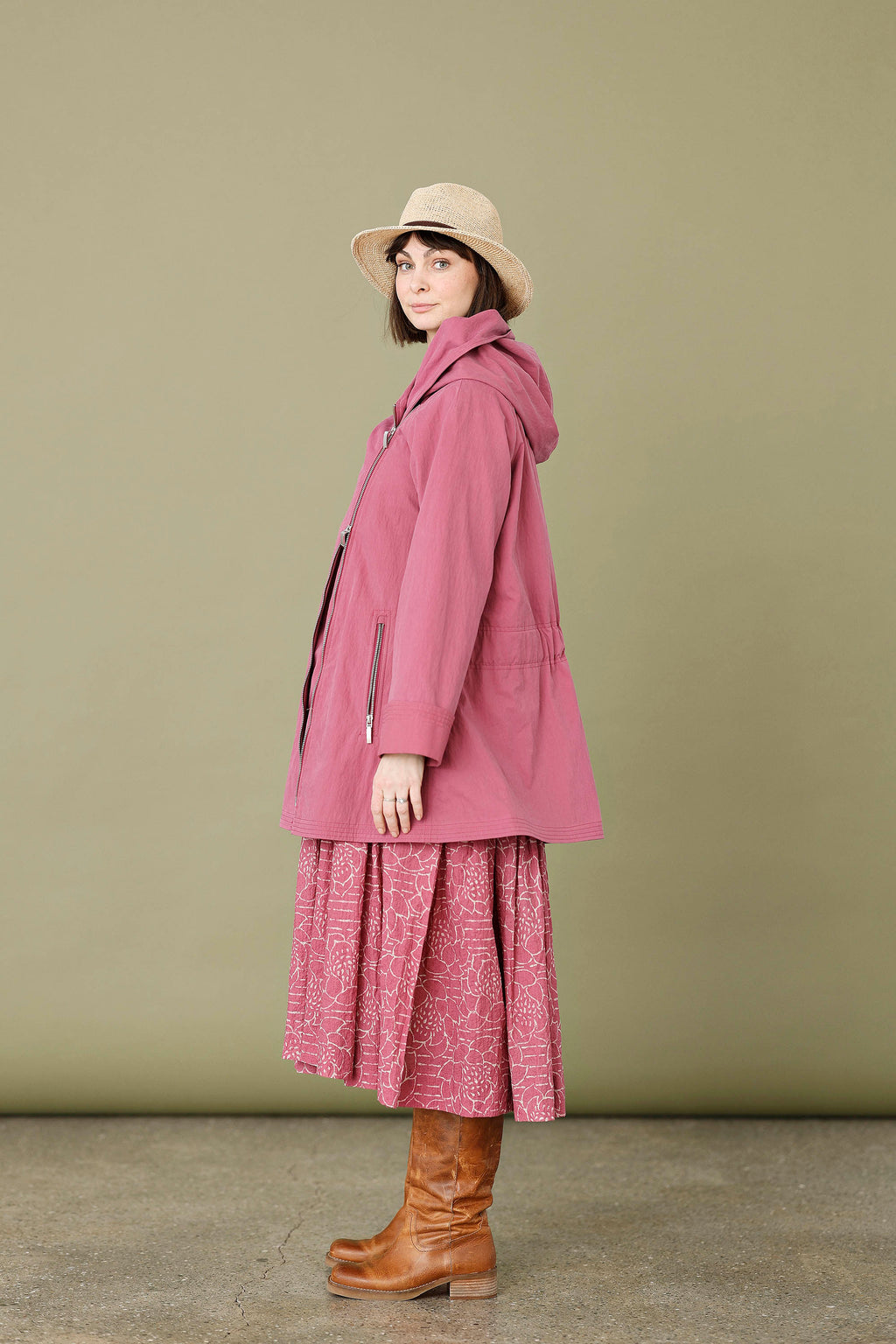 Raspberry jacket with asymmetrical zipper