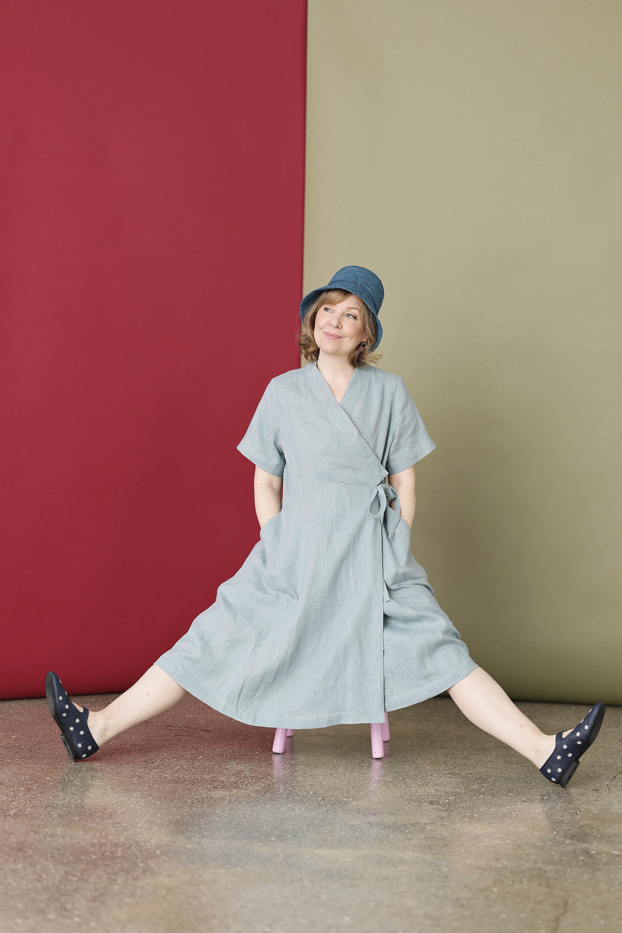 light blue wrap dress in 100% linen