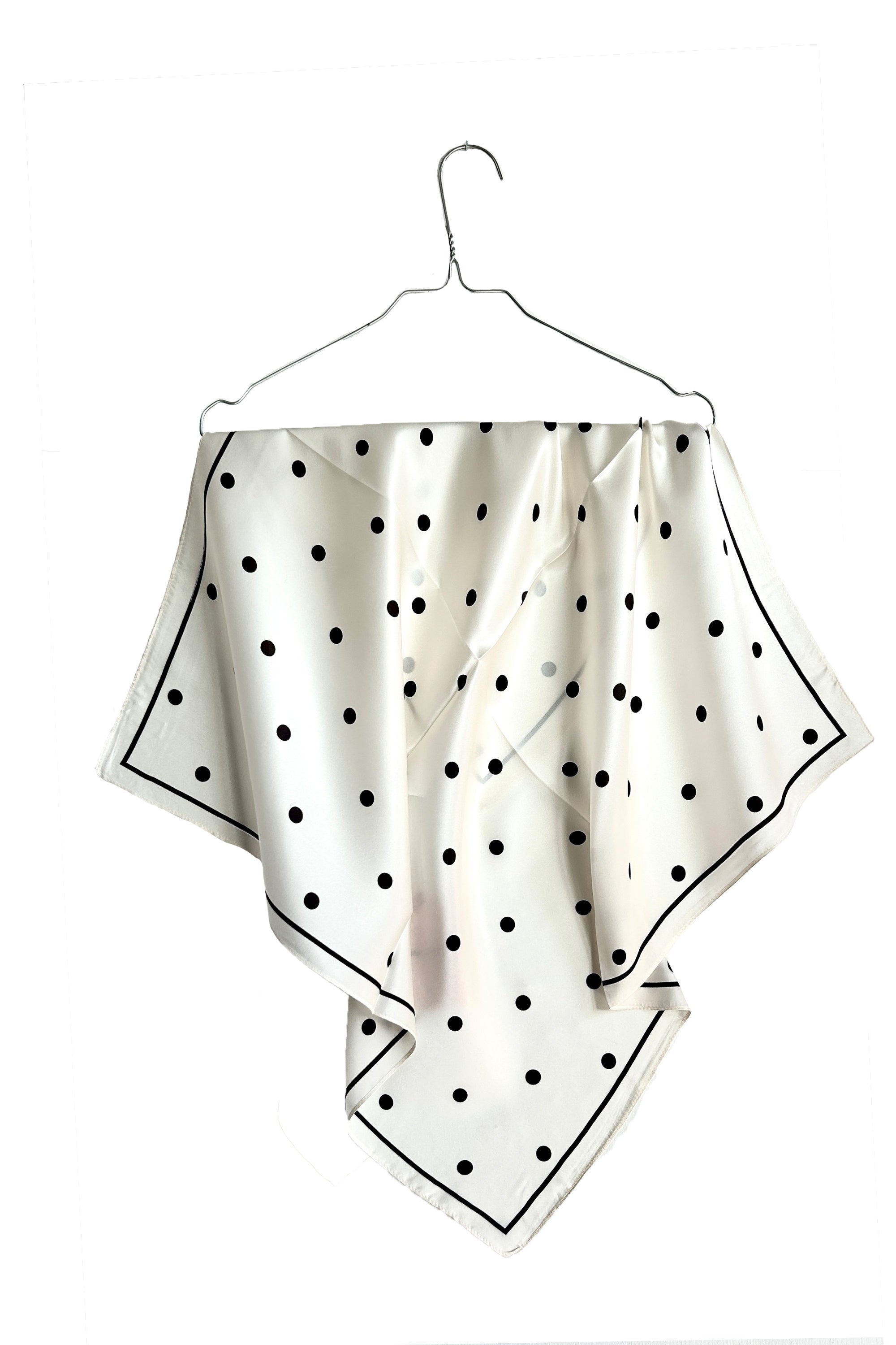 Cream-coloured square silk scarf with black polka dots