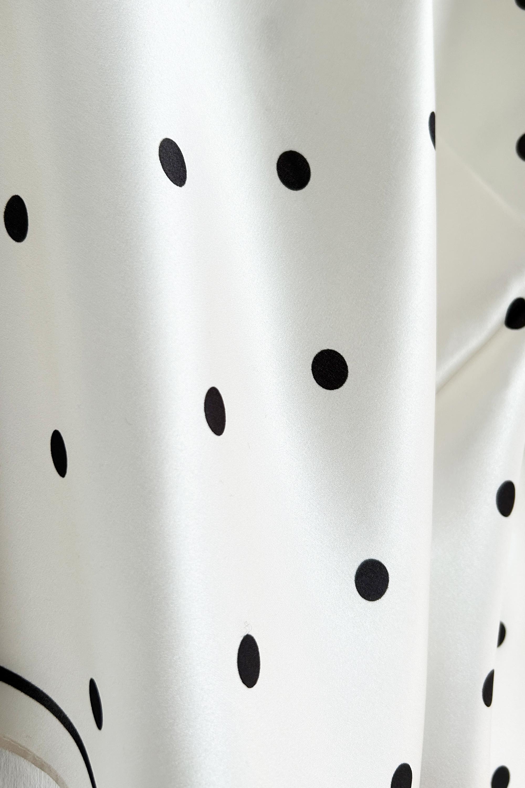 Cream-coloured square silk scarf with black polka dots
