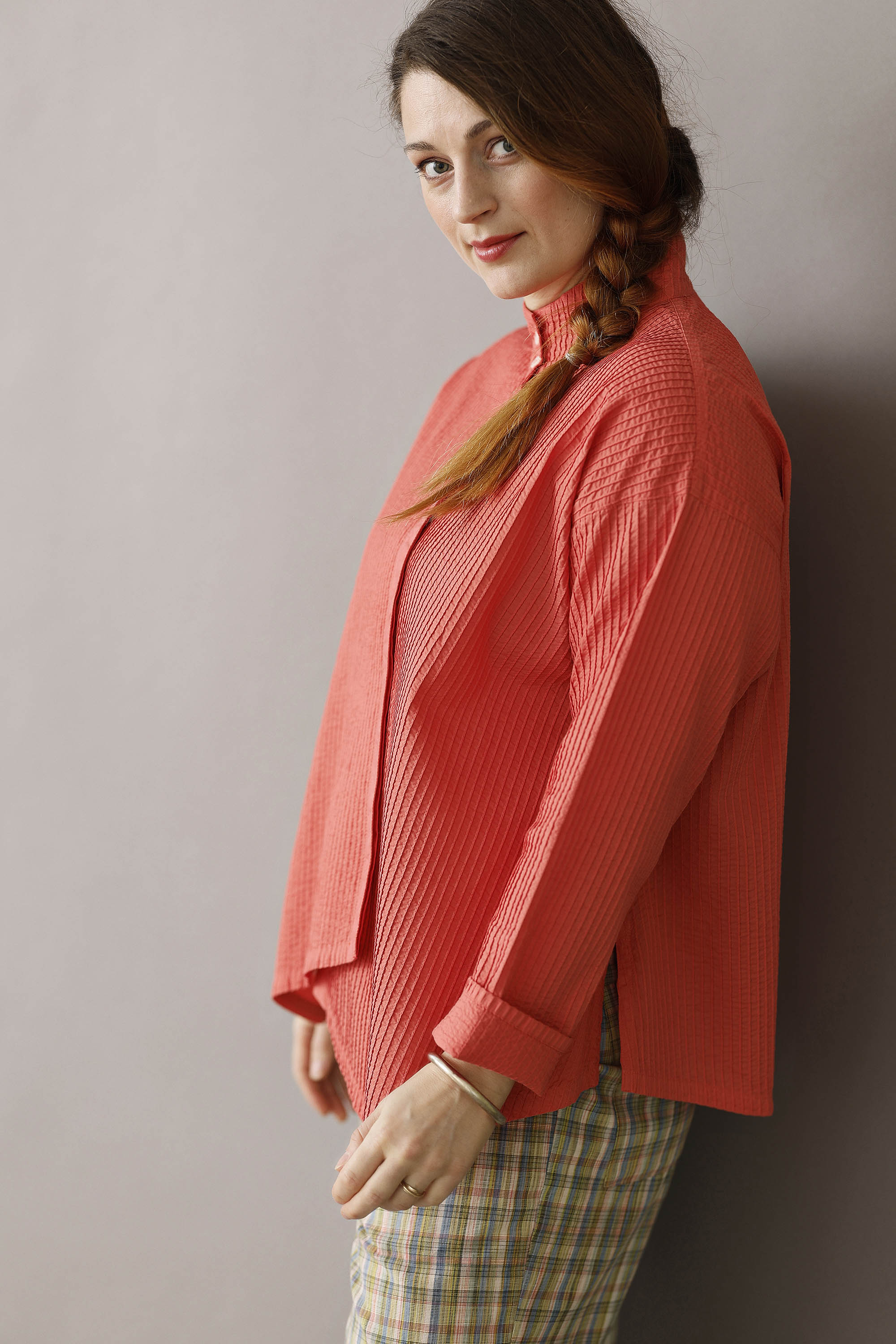 Orange-red YaccoMaricard shirt with asymmetrical closure