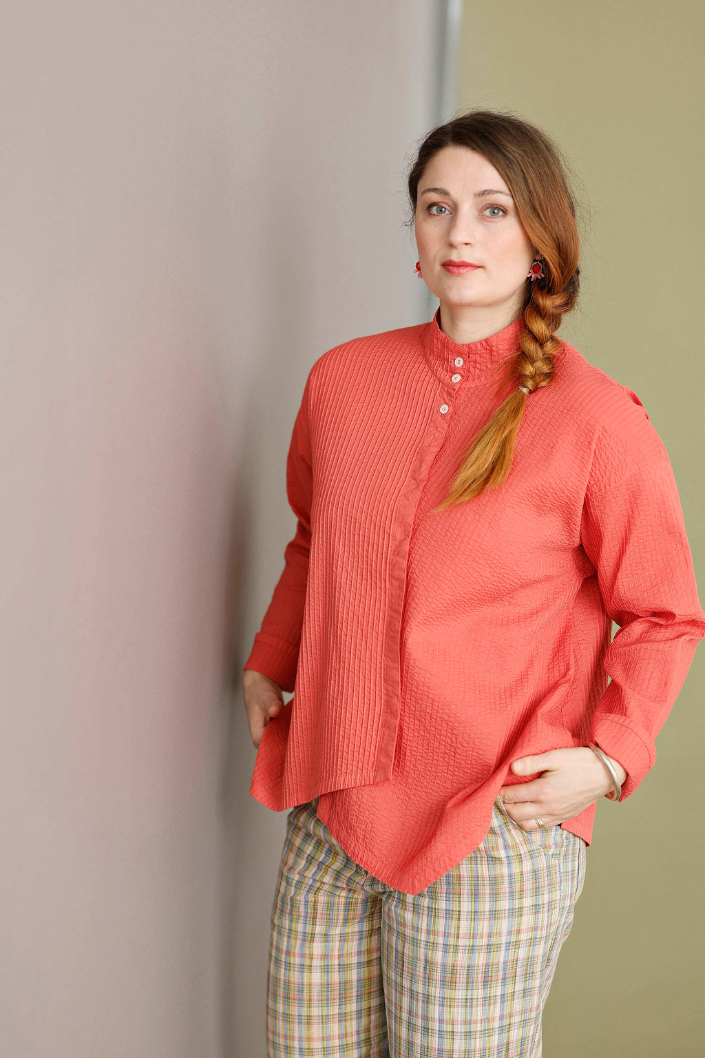 Orange-red YaccoMaricard shirt with asymmetrical closure