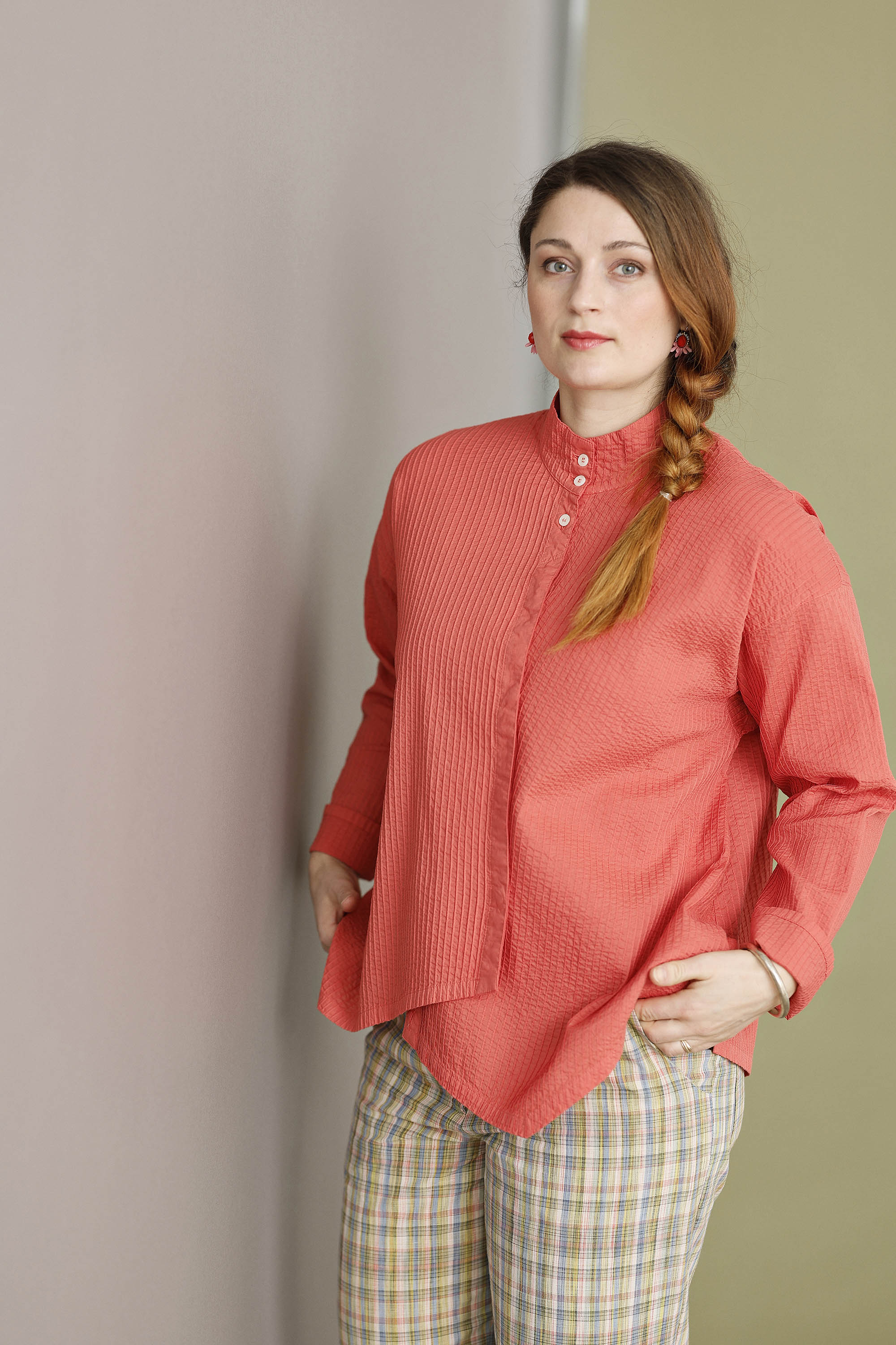 Orange-red YaccoMaricard shirt with asymmetrical closure