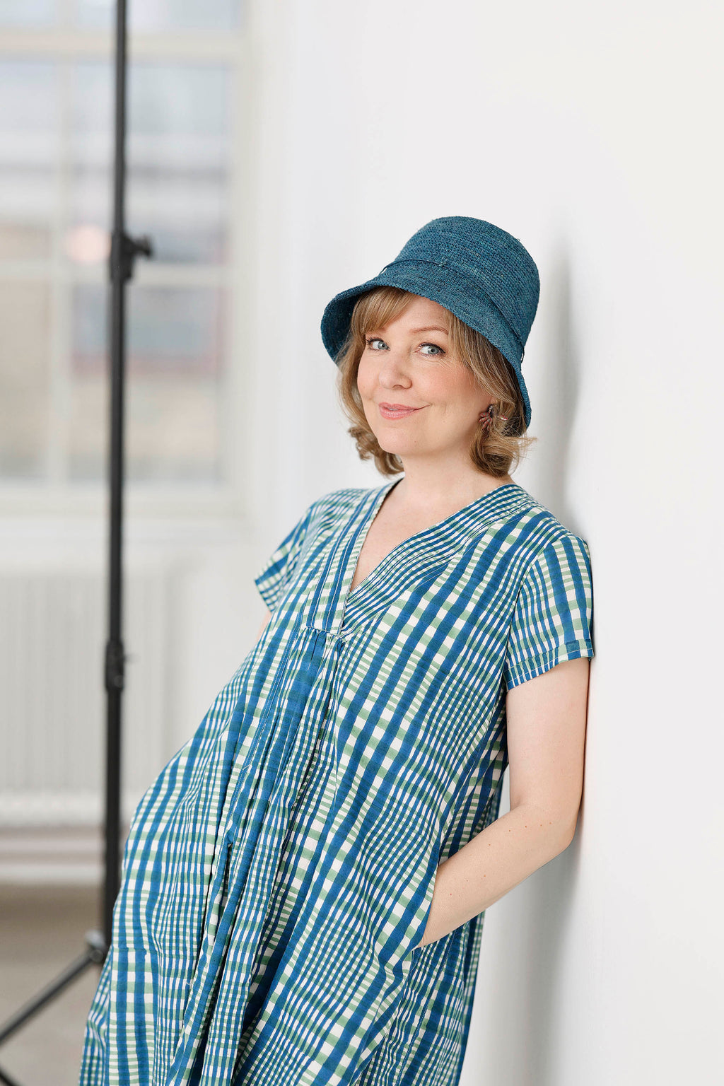 Blue and green checked summer dress with ruching