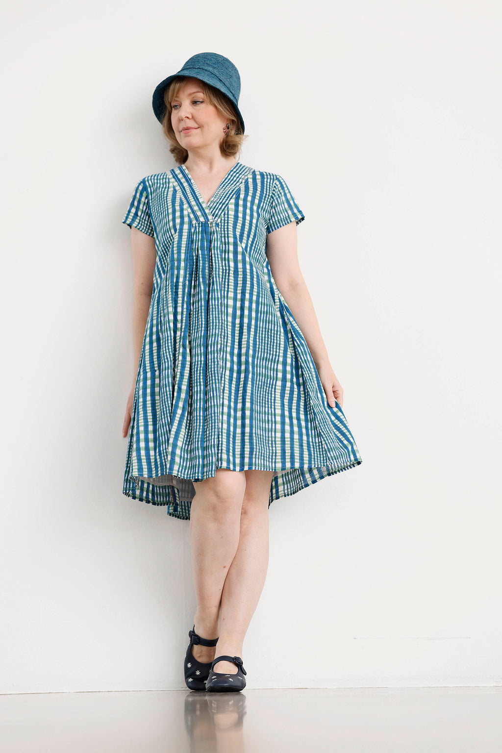 Blue and green checked summer dress with ruching