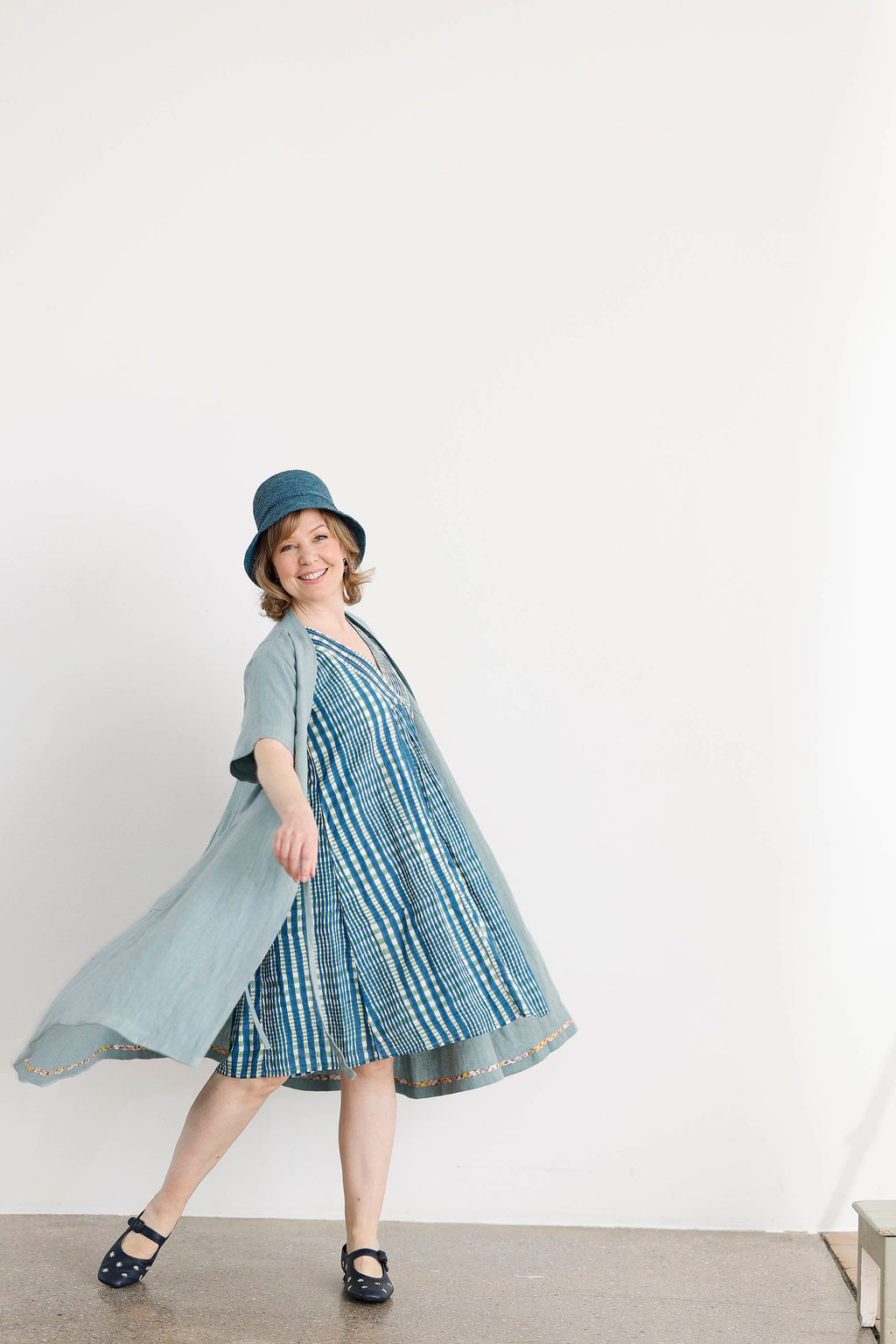 Blue and green checked summer dress with ruching